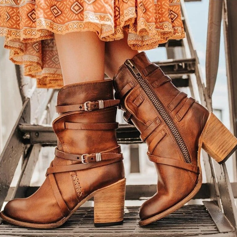 Bottes à Talons pour Femme - Cuir Texturé - Boucles Décoratives - Fermeture Éclair