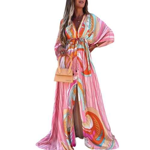 Robe Longue Femme - Maxi Fluide - Manches Longues - Col V - Taille Ceinturée - Fendue