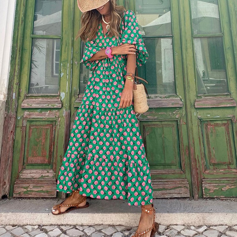 Malena - Robe longue d'été et de printemps pour femme avec manches bouffantes