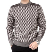 Pull Homme - Maille Tricotée - Motif Carreaux - Col Rond - Poignets et Ourlet Côtelés