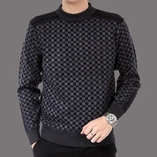 Pull Homme - Maille Tricotée - Motif Carreaux - Col Rond - Poignets et Ourlet Côtelés