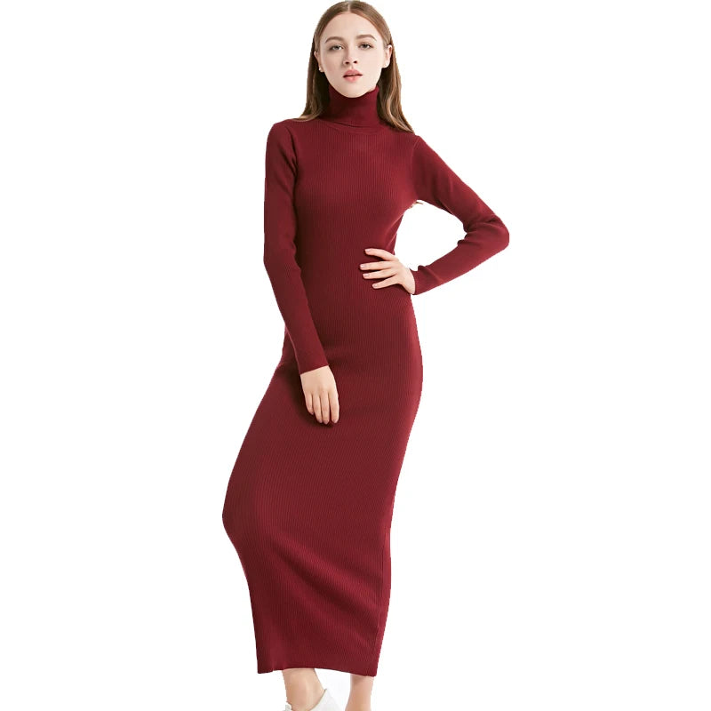 Robe Maxi Femme - Col Roulé - Manches Longues - Coupe Moulante - Maille Côtelée Extensible