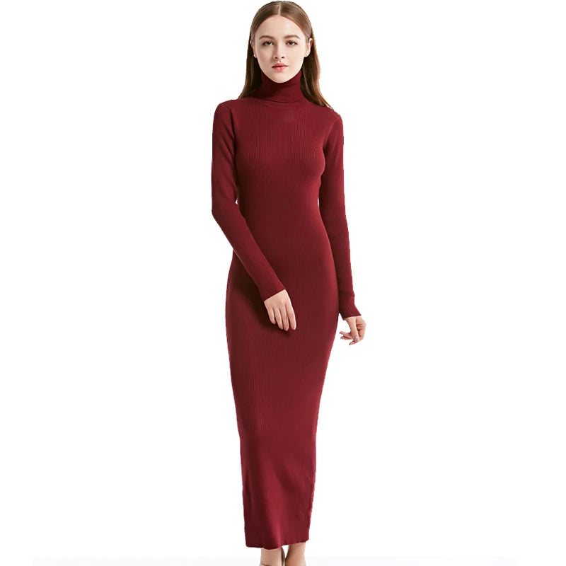 Robe Maxi Femme - Col Roulé - Manches Longues - Coupe Moulante - Maille Côtelée Extensible