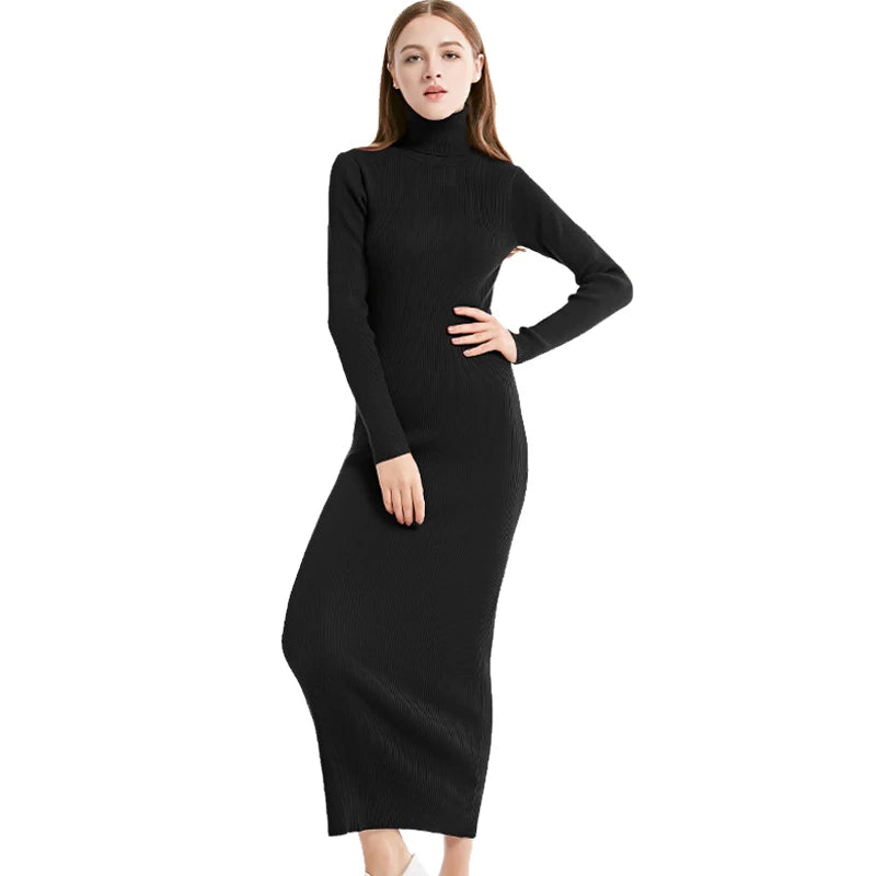 Robe Maxi Femme - Col Roulé - Manches Longues - Coupe Moulante - Maille Côtelée Extensible