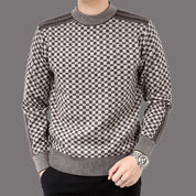 Pull Homme - Maille Tricotée - Motif Carreaux - Col Rond - Poignets et Ourlet Côtelés