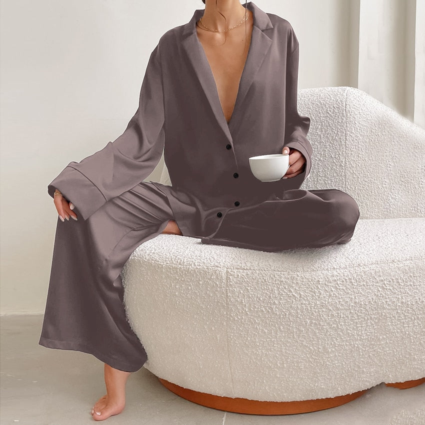 Ensemble Pyjama Femme - Satin Doux - Chemise Boutonnée & Pantalon Large - Confort Luxe