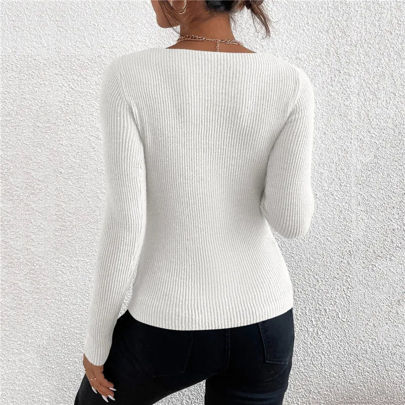 Pull Femme - Maille Côtelée - Coupe Ajustée - Col V - Manches Longues