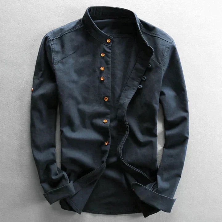 Chemise Homme - Col Mao - Boutonnière Asymétrique - Manches Longues Élégantes