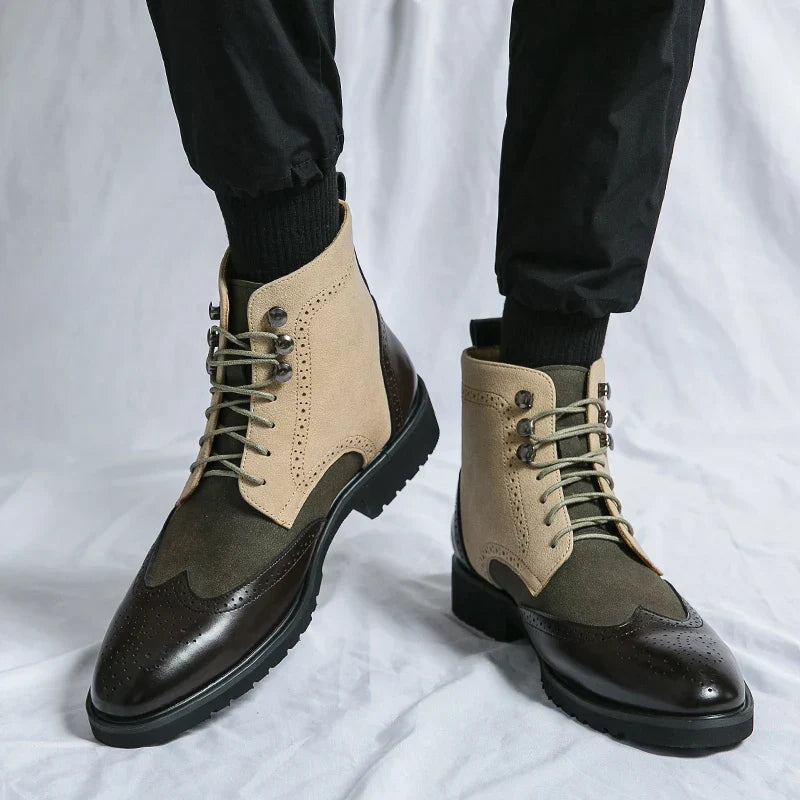 Bottines Brogue Homme - Cuir Bi-Matière - Semelle Robuste - Fermeture Lacets