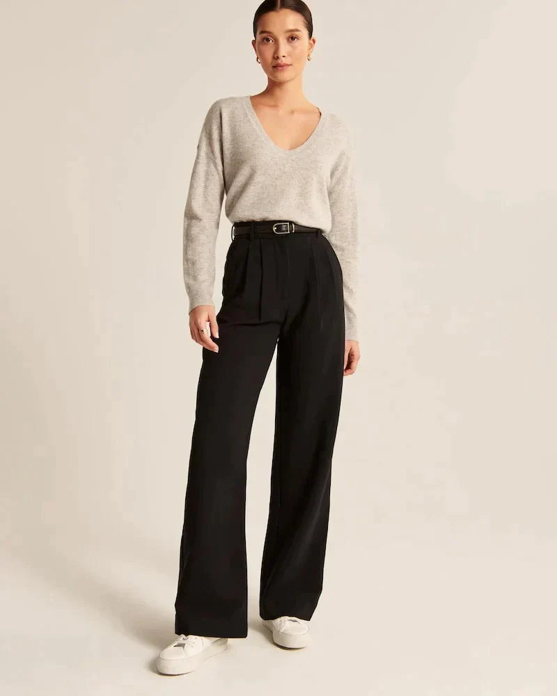 Pantalon Femme - Taille Haute - Jambe Large - Coupe Ajustée - Élégant et Confortable