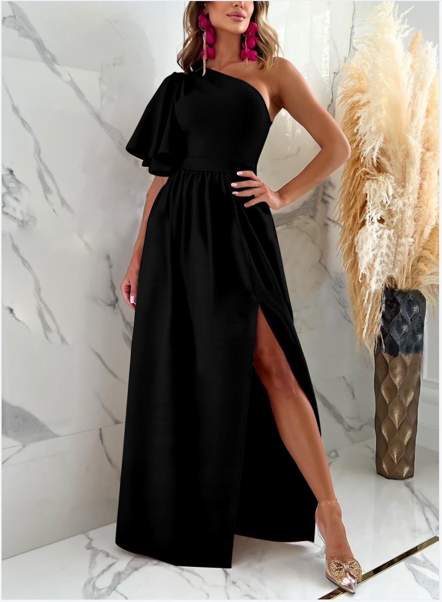 Robe de Soirée Femme – Longue Évasée – Une Épaule – Fente Élégante – Tissu Fluide