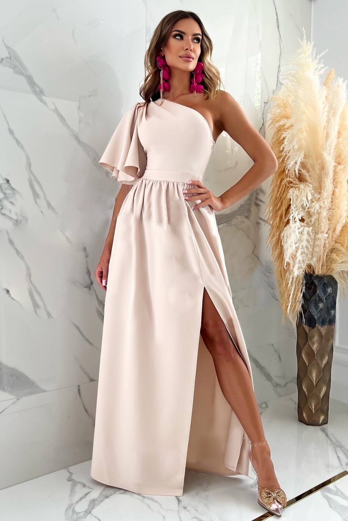 Robe de Soirée Femme – Longue Évasée – Une Épaule – Fente Élégante – Tissu Fluide