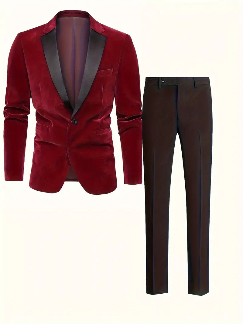 Costume Homme - Velours Élégant - Veste Un Bouton Col Châle Satiné - Pantalon Coupe Droite