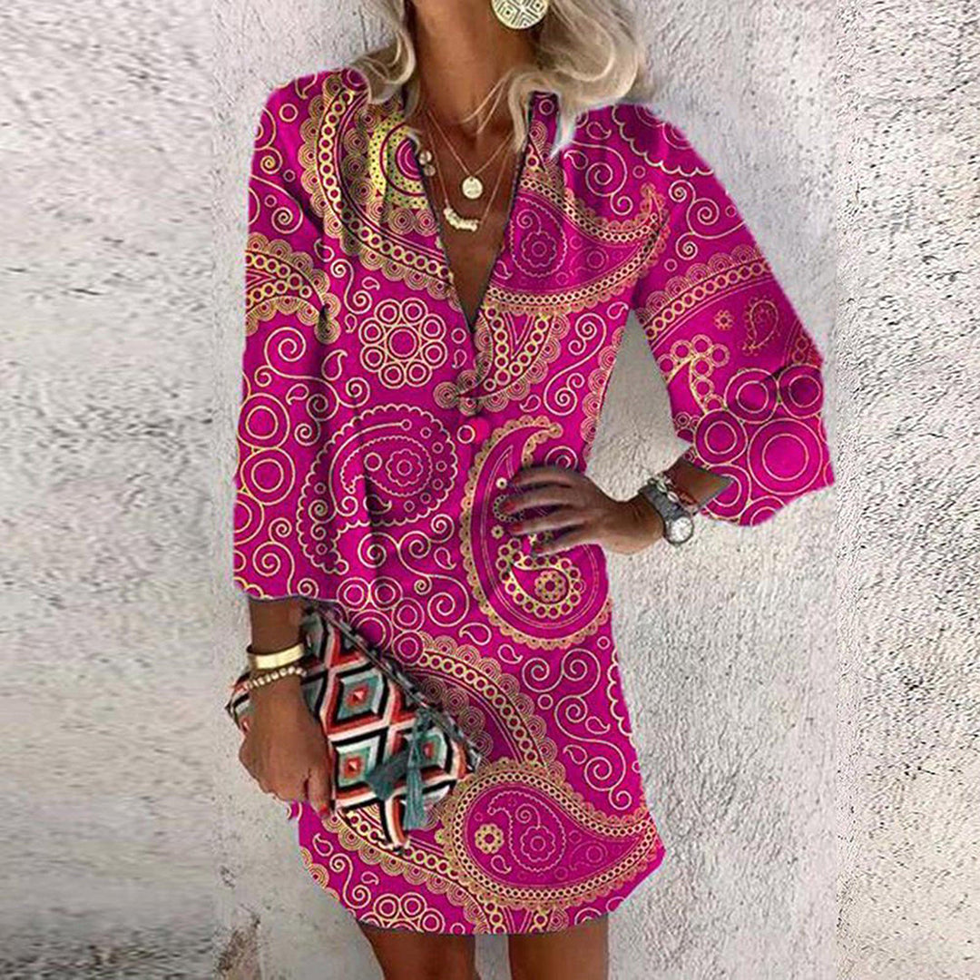 Robe Femme - Motif Paisley - Manches 3/4 - Décolleté en V - Coupe Courte Chic