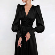 Robe Midi Femme - Col V Boutonné - Manches Longues Bouffantes - Coupe Évasée Fluide