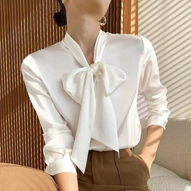 Blouse Femme - Satin Élégant - Manches Longues - Nœud au Col - Coupe Ajustée