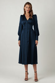 Robe Midi Femme - Col V Boutonné - Manches Longues Bouffantes - Coupe Évasée Fluide