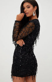 Robe Courte Femme - Ajustée à Sequins - Manches Longues Transparentes - Élégante Soirée