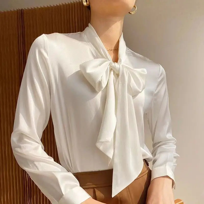 Blouse Femme - Satin Élégant - Manches Longues - Nœud au Col - Coupe Ajustée