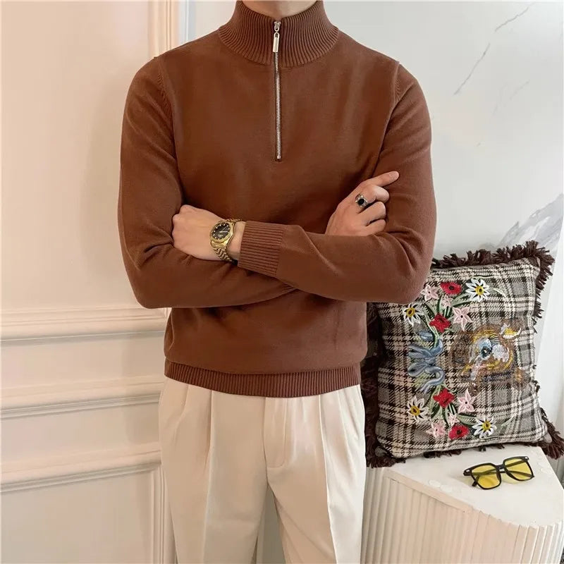 Pull Homme - Maille Côtelée - Demi-Zip Col Montant - Coupe Ajustée