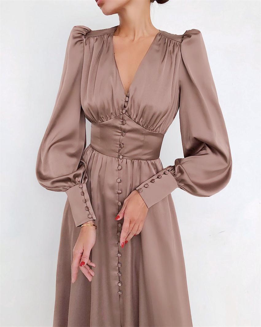 Robe Midi Femme - Col V Boutonné - Manches Longues Bouffantes - Coupe Évasée Fluide