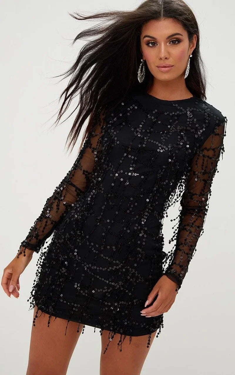 Robe Courte Femme - Ajustée à Sequins - Manches Longues Transparentes - Élégante Soirée