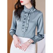 Blouse Femme - Col Haut à Volants - Manches Longues Élégantes - Satin Doux