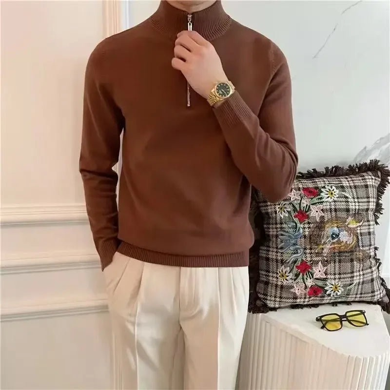 Pull Homme - Maille Côtelée - Demi-Zip Col Montant - Coupe Ajustée