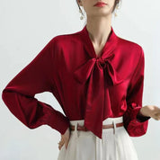 Blouse Femme - Satin Élégant - Manches Longues - Nœud au Col - Coupe Ajustée