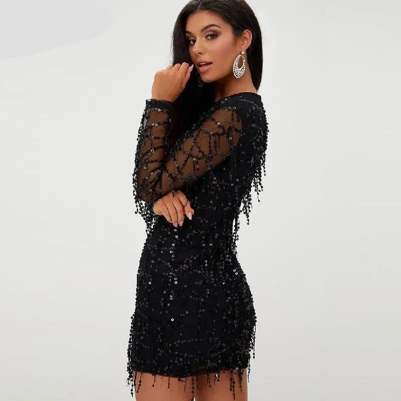 Robe Courte Femme - Ajustée à Sequins - Manches Longues Transparentes - Élégante Soirée