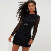 Robe Courte Femme - Ajustée à Sequins - Manches Longues Transparentes - Élégante Soirée