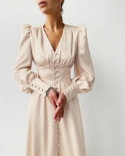 Robe Midi Femme - Col V Boutonné - Manches Longues Bouffantes - Coupe Évasée Fluide