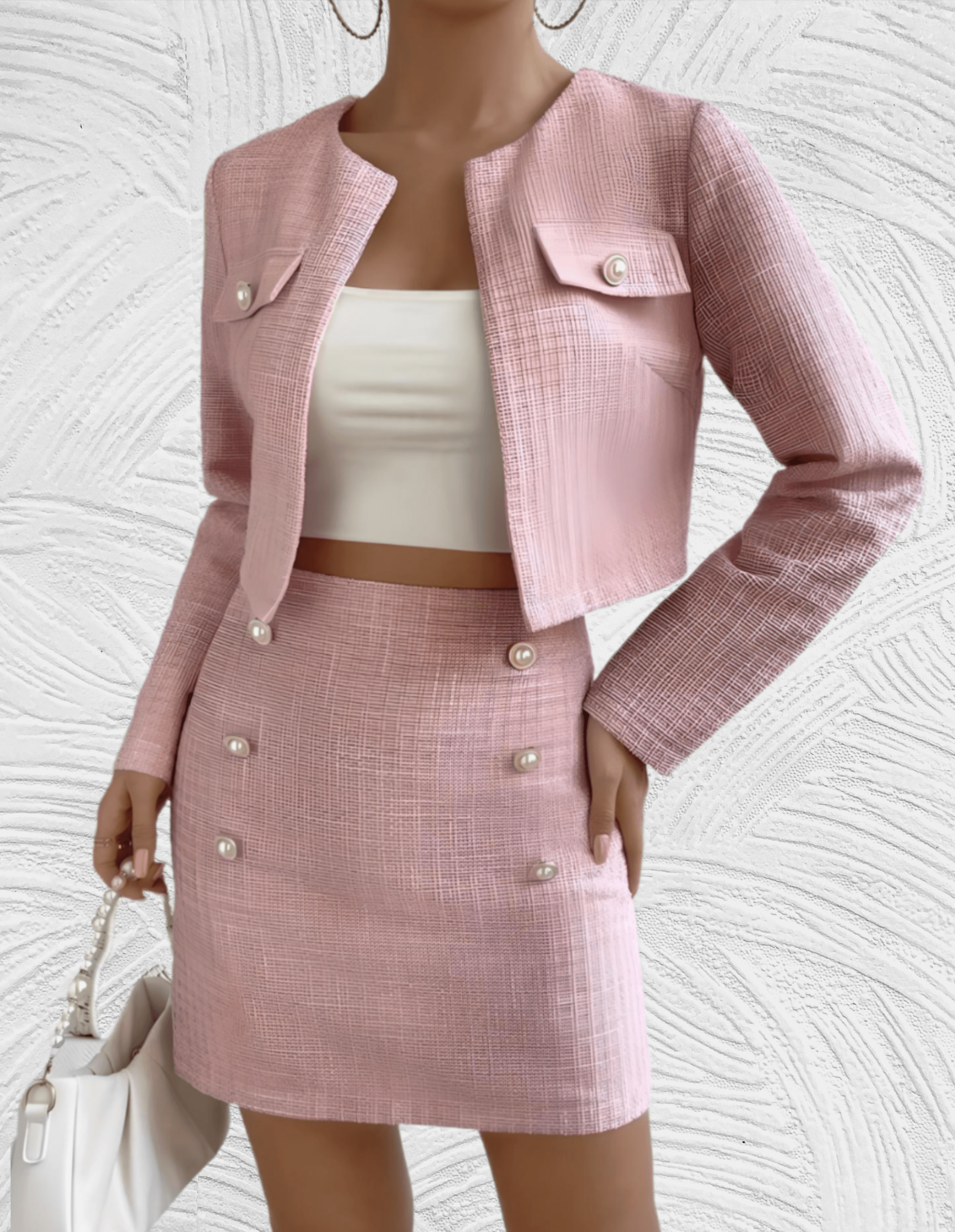 Ensemble Femme - Veste Courte en Tweed Ajustée & Jupe Mini Taille Haute