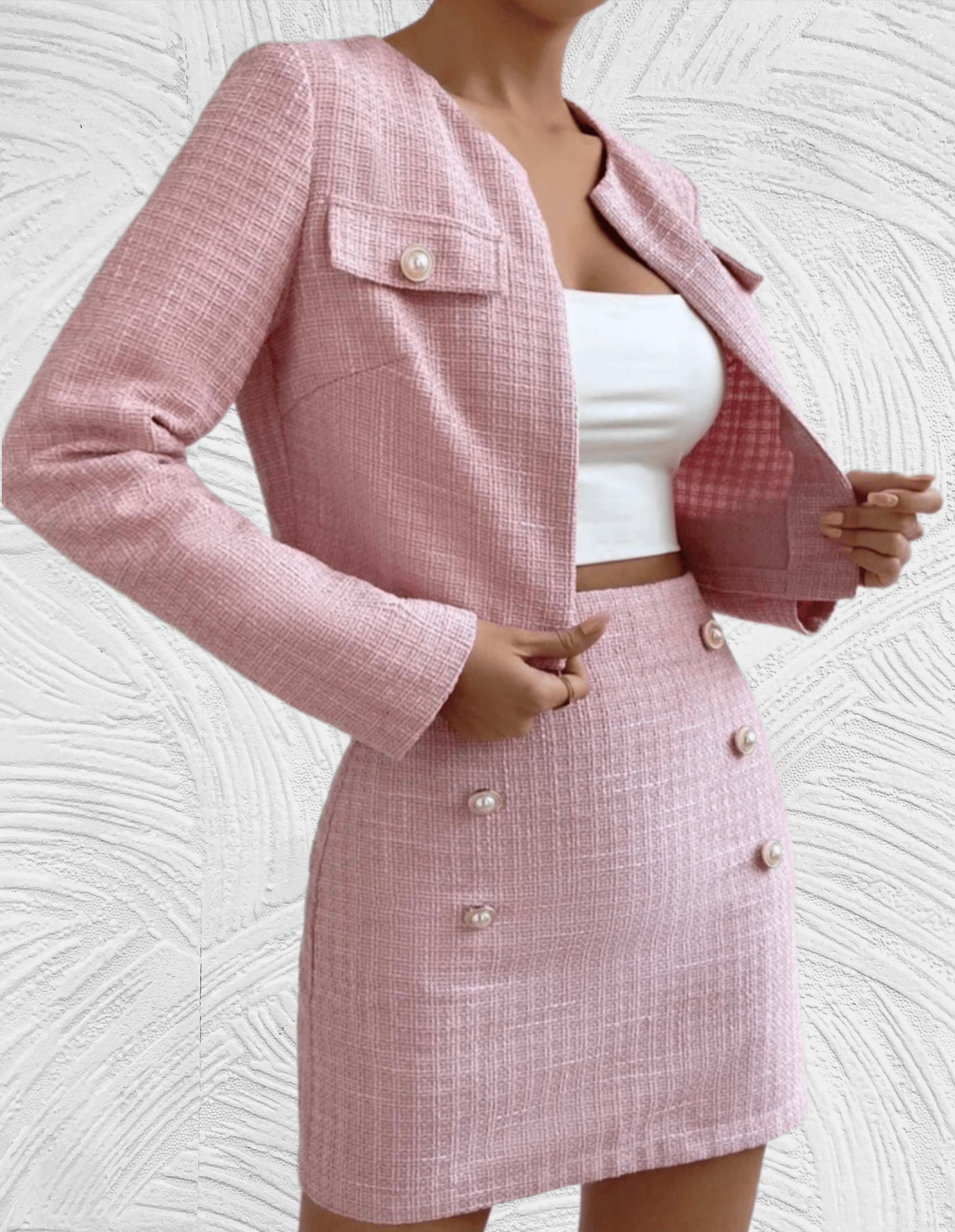 Ensemble Femme - Veste Courte en Tweed Ajustée & Jupe Mini Taille Haute