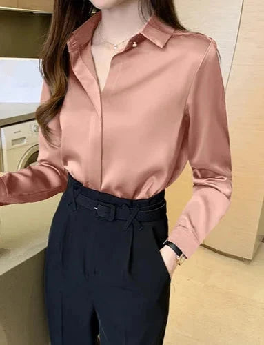 Blouse Femme - Soie Satinée - Manches Longues - Col Classique - Coupe Élegante