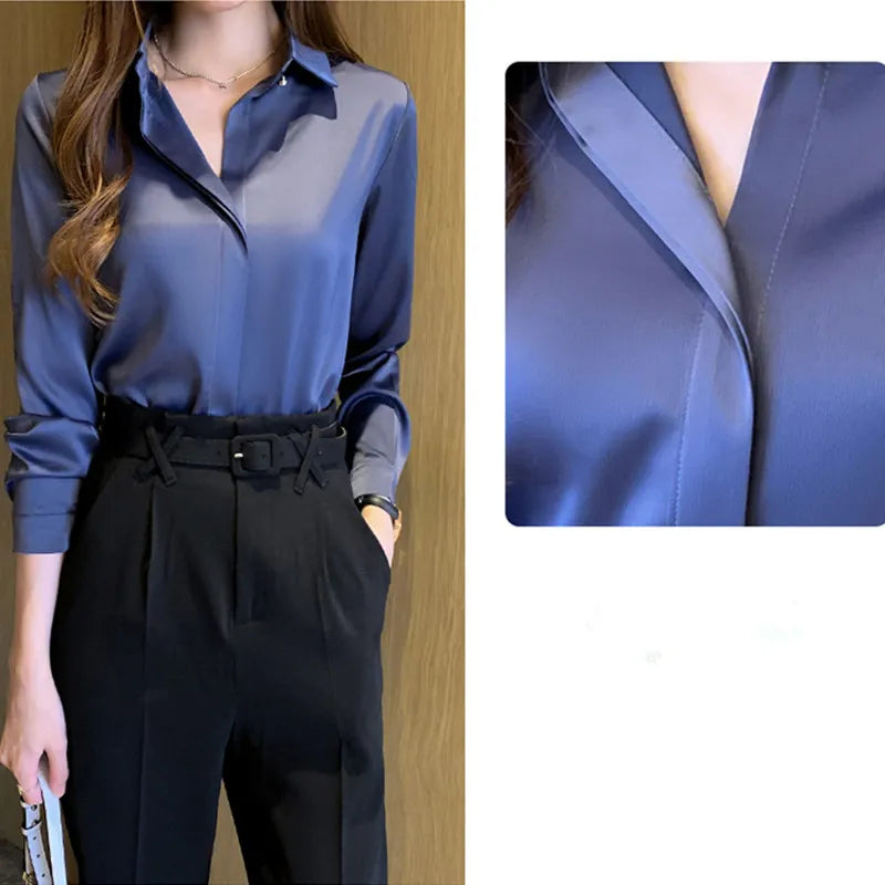 Blouse Femme - Soie Satinée - Manches Longues - Col Classique - Coupe Élegante