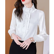 Blouse Femme - Col Haut à Volants - Manches Longues Élégantes - Satin Doux