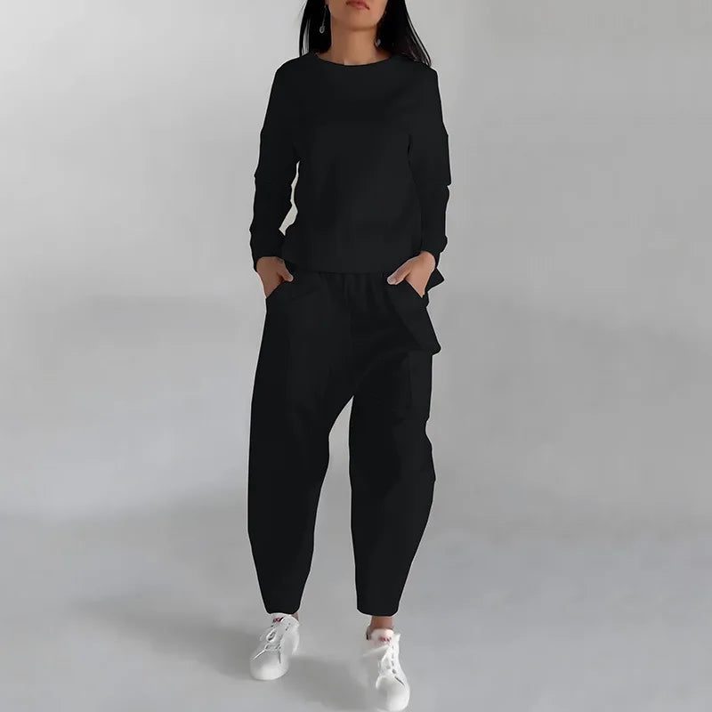 Ensemble Loungewear Femme - Sweat Col Rond Manches Longues - Jogging Taille Élastique