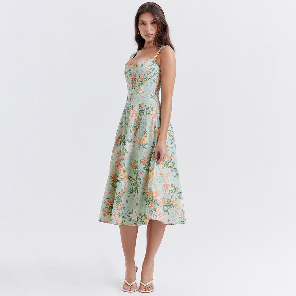 Robe Midi Femme – Cintrée Évasée – Décolleté Arrondi – Bretelles Larges – Fendue – Motif Fleuri