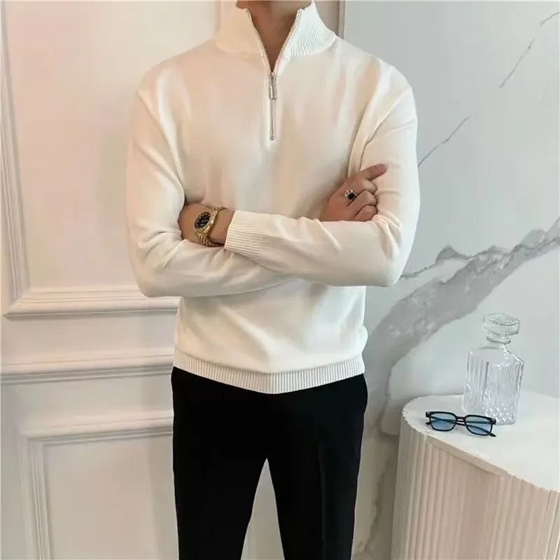 Pull Homme - Maille Côtelée - Demi-Zip Col Montant - Coupe Ajustée