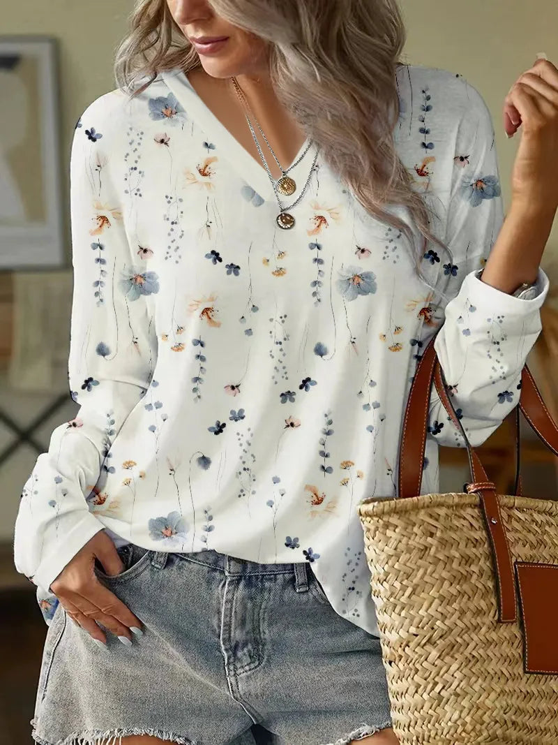 Blouse élégante à fleurs avec col en V - Confortable et stylée