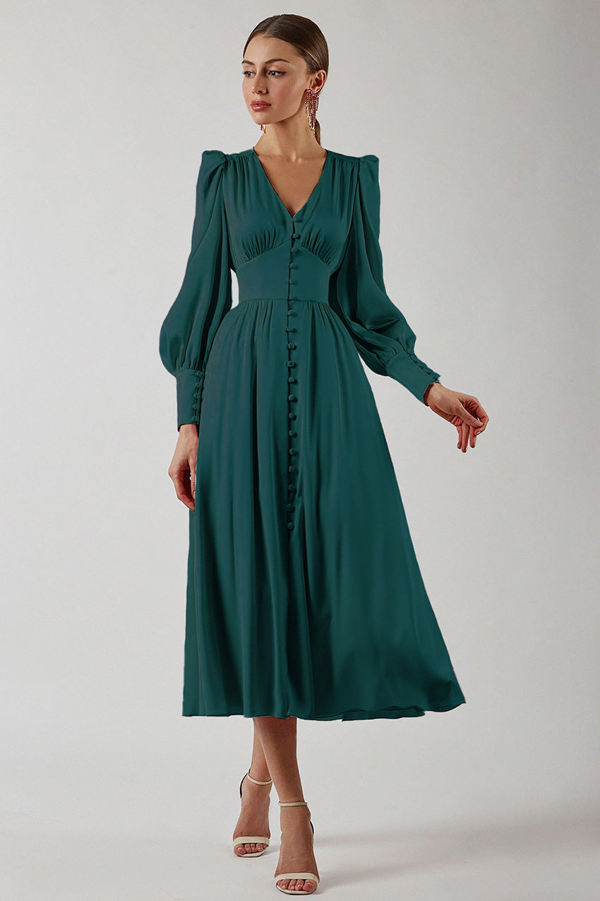 Robe Midi Femme - Col V Boutonné - Manches Longues Bouffantes - Coupe Évasée Fluide