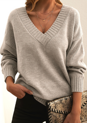 Pull Femme - Col V Profond - Coupe Ample - Manches Longues - Maille Douce