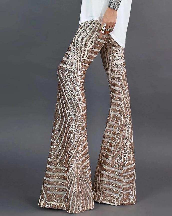 Pantalon Évasé Femme - Taille Haute - Paillettes Scintillantes - Coupe Ajustée