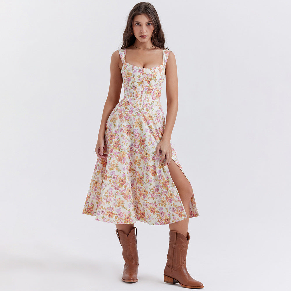 Robe Midi Femme – Cintrée Évasée – Décolleté Arrondi – Bretelles Larges – Fendue – Motif Fleuri