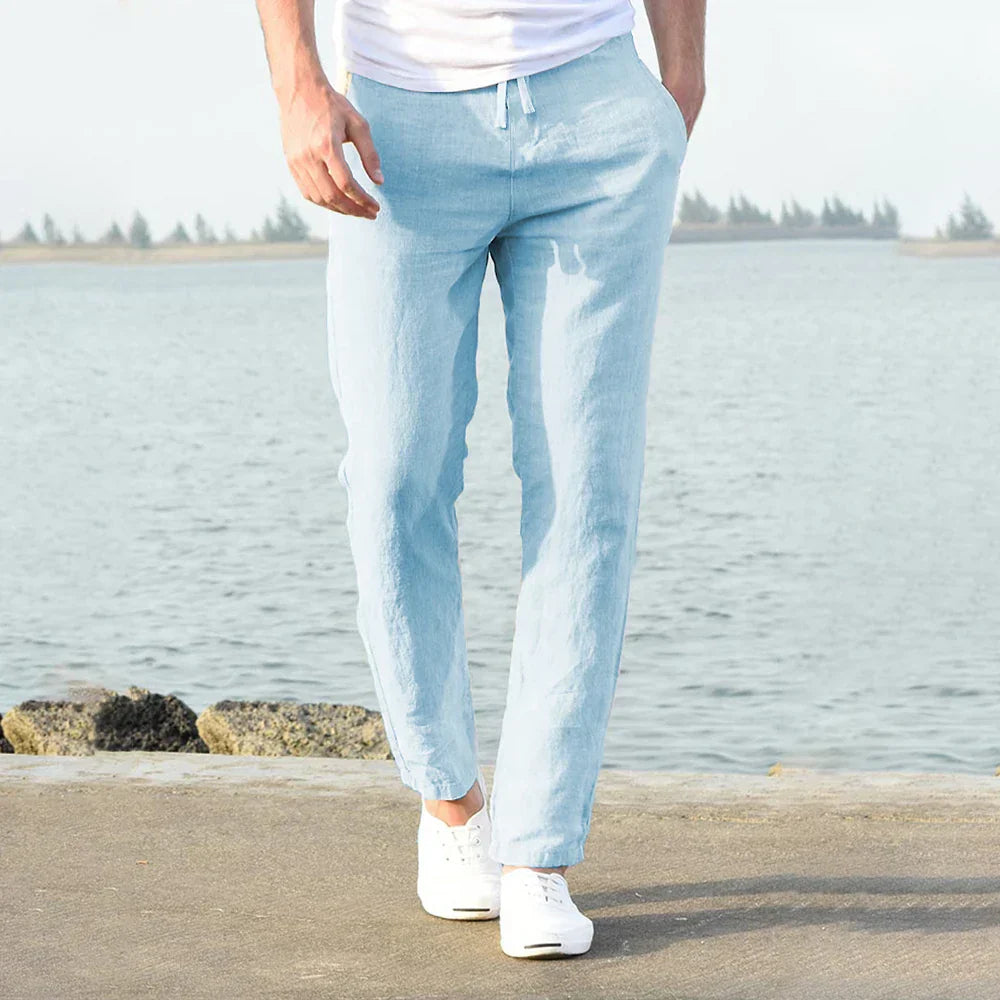 Pantalon Homme en Lin - Coupe Droite Confortable - Taille Cordon Ajustable - Style Décontracté