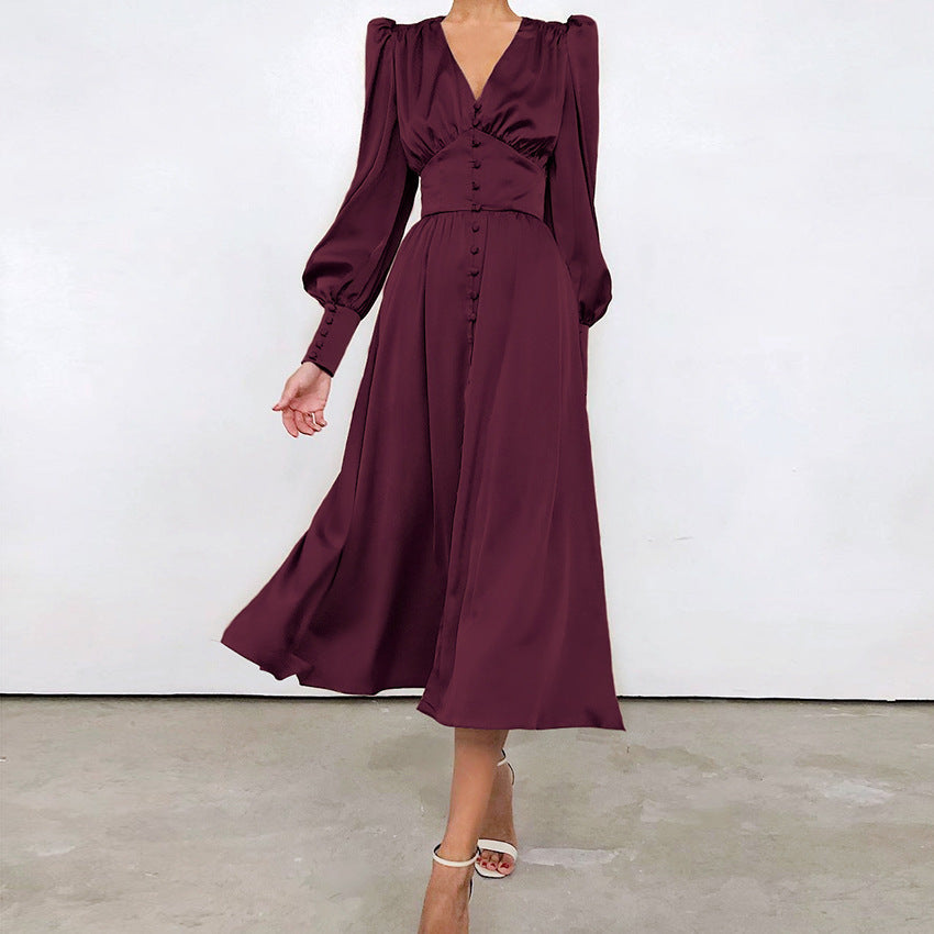 Robe Midi Femme - Col V Boutonné - Manches Longues Bouffantes - Coupe Évasée Fluide