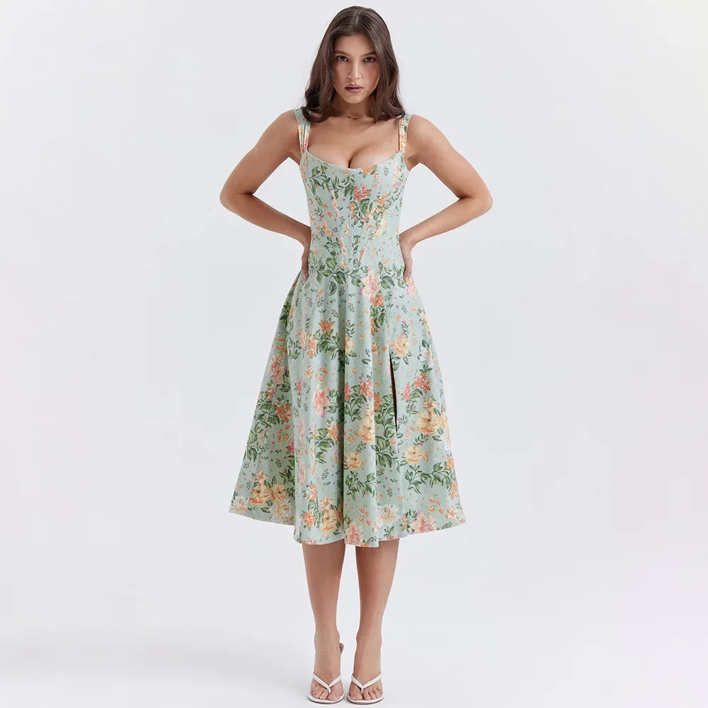 Robe Midi Femme – Cintrée Évasée – Décolleté Arrondi – Bretelles Larges – Fendue – Motif Fleuri