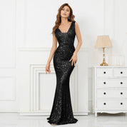 Robe de Soirée Femme - Coupe Sirène - Décolleté V - Sans Manches - Entièrement à Sequins