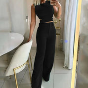 Ensemble Femme – Crop Top Sans Manches + Pantalon Taille Haute – Coupe Évasée Élégante